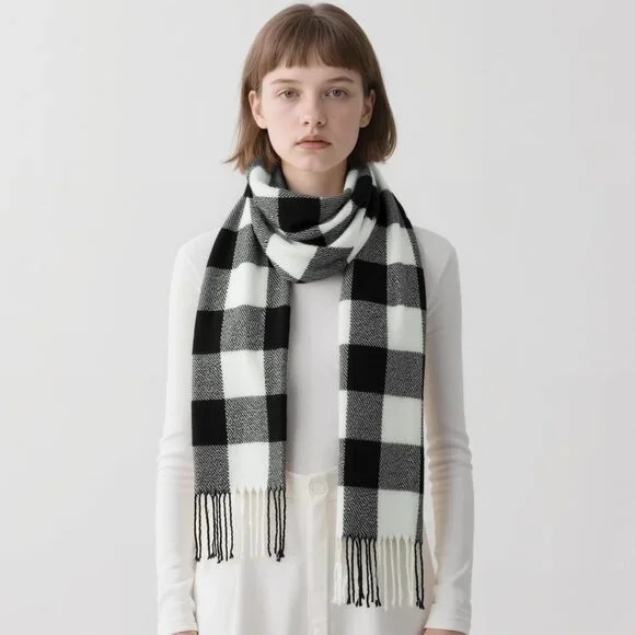 Women's White Gray Lattice Scarf Fashion Long Plaid Shawls Wraps Big Grid Winter - Picture 3 of 7